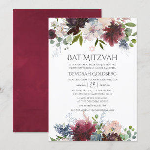 Invitation Bat mitzvah floral Bourgogne et bleu
