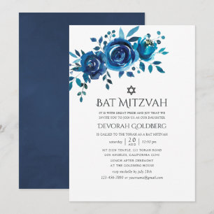 Invitation Bat mitzvah floral de couleur marine et blanche