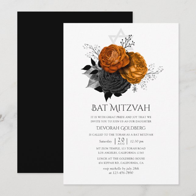Invitation Bat mitzvah floral d'Halloween noir et orange (Devant / Derrière)