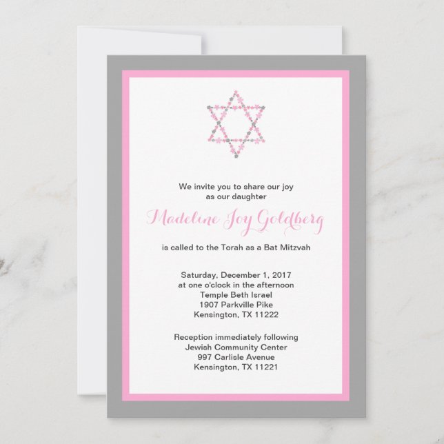 Invitation Bat mitzvah floral gris rose d'étoile de David (Devant)