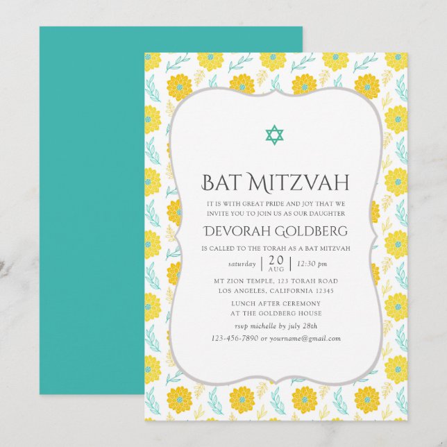 Invitation Bat mitzvah floral jaune et Turquoise (Devant / Derrière)