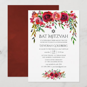 Invitation Bat mitzvah floral Marsala-Bourgogne