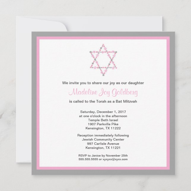 Invitation Bat mitzvah floral moderne rose et gris (Devant)