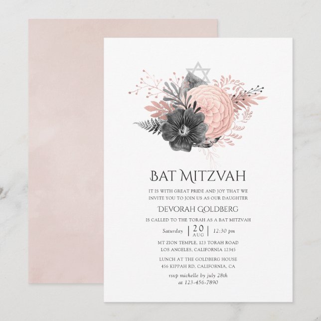 Invitation Bat mitzvah floral Pastel Blush Rose et Charcoal (Devant / Derrière)