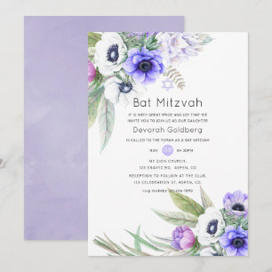 Invitation Bat mitzvah floral Pastel Violet et Plum