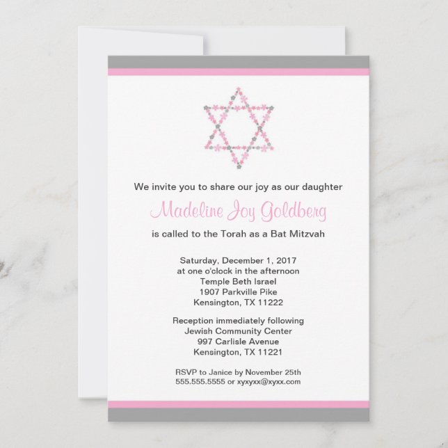 Invitation Bat mitzvah floral rose et gris moderne d'étoile (Devant)