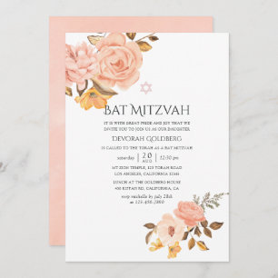 Invitation Bat mitzvah floral rose et or
