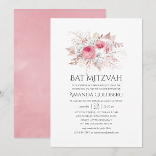 Invitation Bat mitzvah floral rose et Rose or