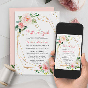 Invitation Bat Mitzvah Floral Rose Géométrique Blush