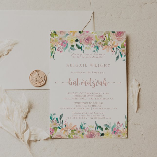 Invitation Bat mitzvah Floral rose Gold Spring (Créateur téléchargé)