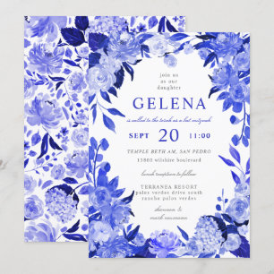 Invitation Bat mitzvah floral Royal Blue & White Watercolor