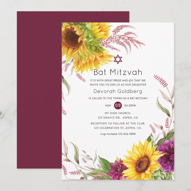 Invitation Bat mitzvah floral Sun et Bourgogne (Devant / Derrière)