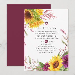 Invitation Bat mitzvah floral Sun et Bourgogne