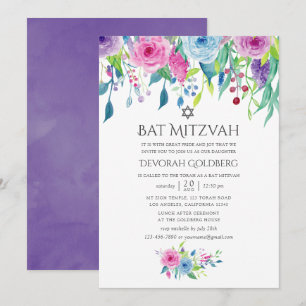 Invitation Bat mitzvah floral ultra violet