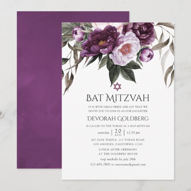 Invitation Bat mitzvah floral velours profond (Devant / Derrière)