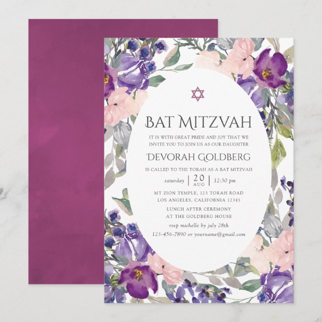 Invitation Bat mitzvah floral violet et prune (Devant / Derrière)