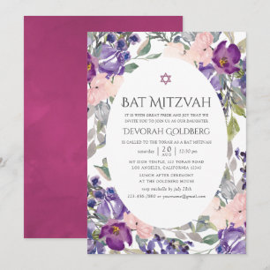 Invitation Bat mitzvah floral violet et prune