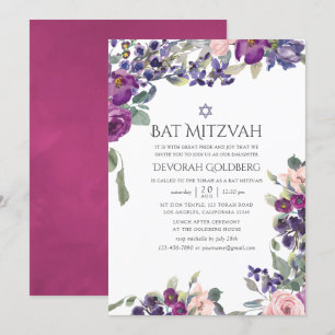 Invitation Bat mitzvah floral violet et prune
