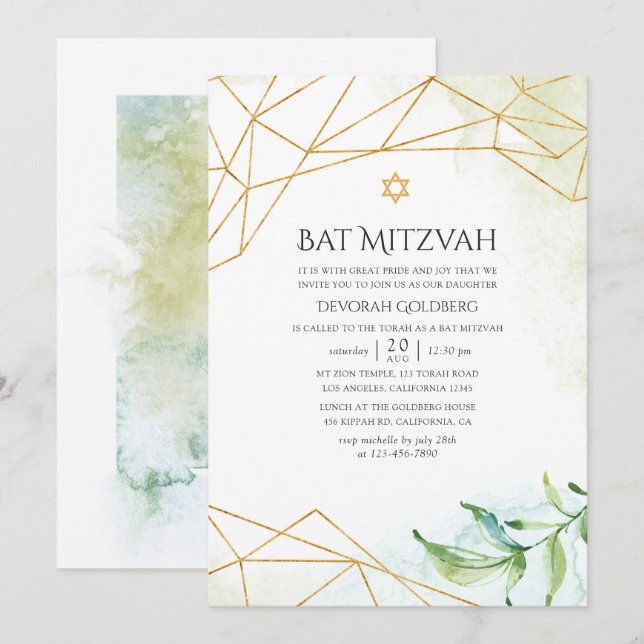 Invitation Bat mitzvah géométrique aquarelle (Devant / Derrière)