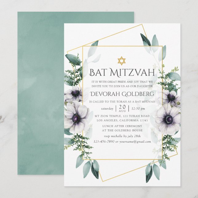 Invitation Bat mitzvah géométrique Eucalyptus (Devant / Derrière)