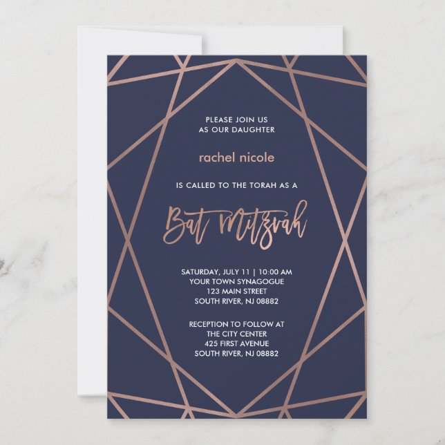 Invitation Bat mitzvah géométrique Rose et bleu de minuit (Devant)