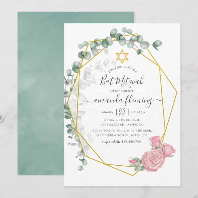 Invitation Bat mitzvah géométrique Rose Eucalyptus (Devant / Derrière)