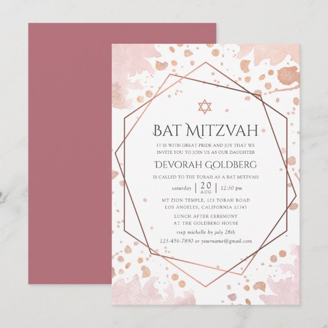 Invitation Bat mitzvah géométrique rose Gold et Blush (Devant / Derrière)