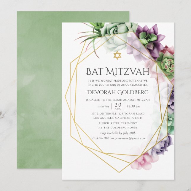 Invitation Bat mitzvah géométrique Succulent aquarelle (Devant / Derrière)