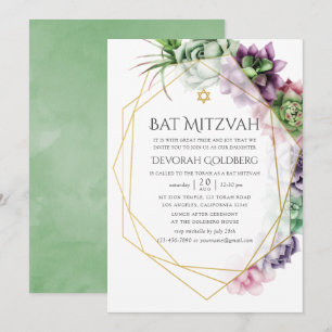 Invitation Bat mitzvah géométrique Succulent aquarelle