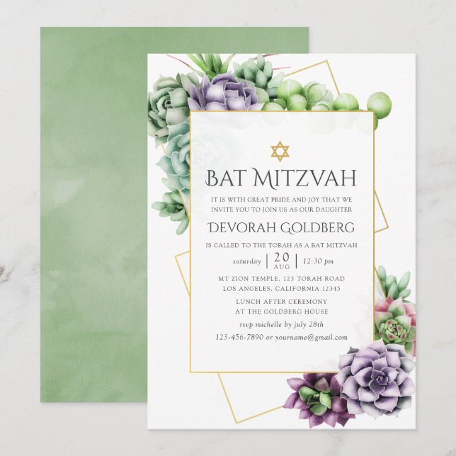 Invitation Bat mitzvah géométrique Succulent aquarelle (Devant / Derrière)