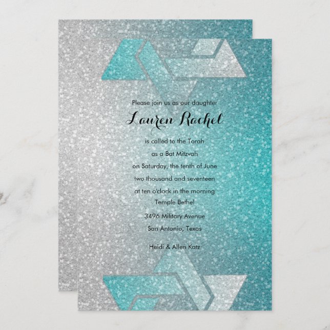 Invitation Bat mitzvah Glittery Gradient Turquoise (Devant / Derrière)