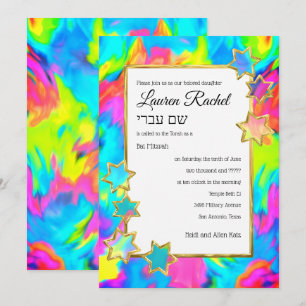Invitation Bat mitzvah Gold Star Abstrait Tie Dye Turquoise