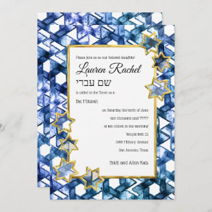Invitation Bat mitzvah Gold Star Blue Aquarelle Damas