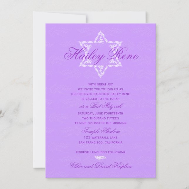 Invitation Bat mitzvah Hailey avec le pourpre Dama (Devant)