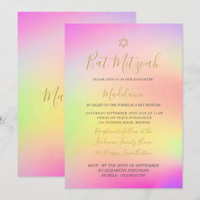 Invitation Bat mitzvah juif Rainbow Gold Girls hébreu (Devant / Derrière)