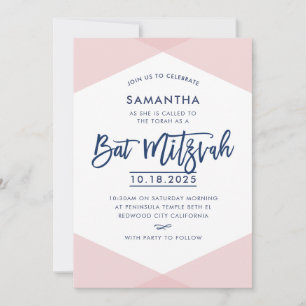 INVITATION bat mitzvah lettré main marine rose pâl