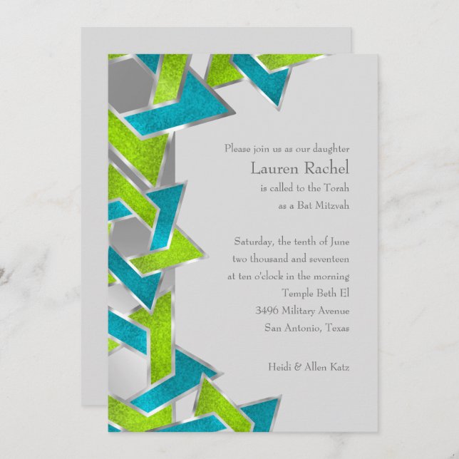 Invitation Bat mitzvah Lime Turquoise Star de David N'importe (Devant / Derrière)