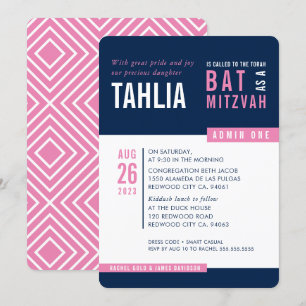 Invitation BAT MITZVAH MODERNE audace bloc marine rose blanc