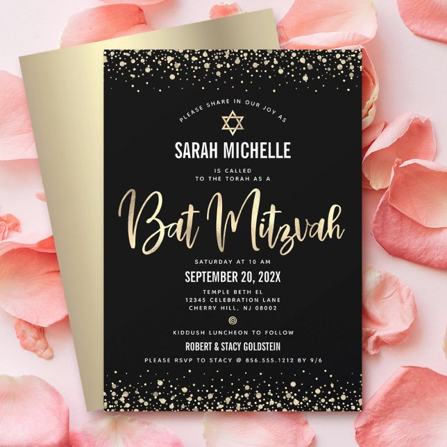 Invitation Bat mitzvah moderne Black Gold Parties scintillant (Créateur téléchargé)
