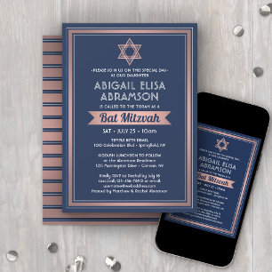 Invitation Bât Mitzvah Moderne Bleu Marine Rose Or Tendance