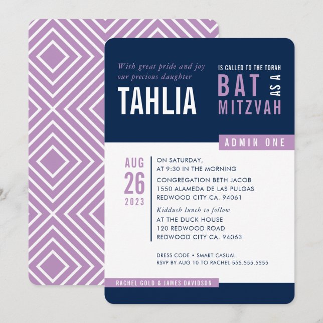 Invitation BAT MITZVAH MODERNE bold bloc marine bleu violet (Devant / Derrière)