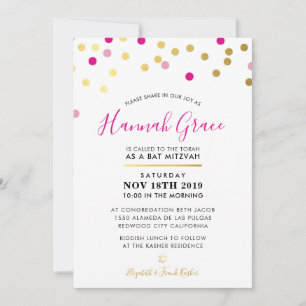 Invitation BAT MITZVAH moderne confetti tache doré rose