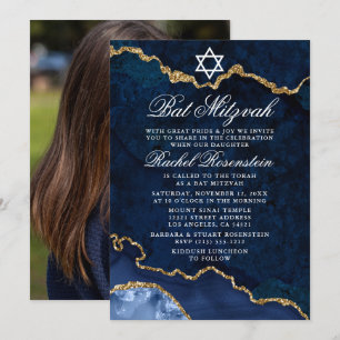 Invitation Bat mitzvah moderne Elegant Bleu Marbre Or Photo