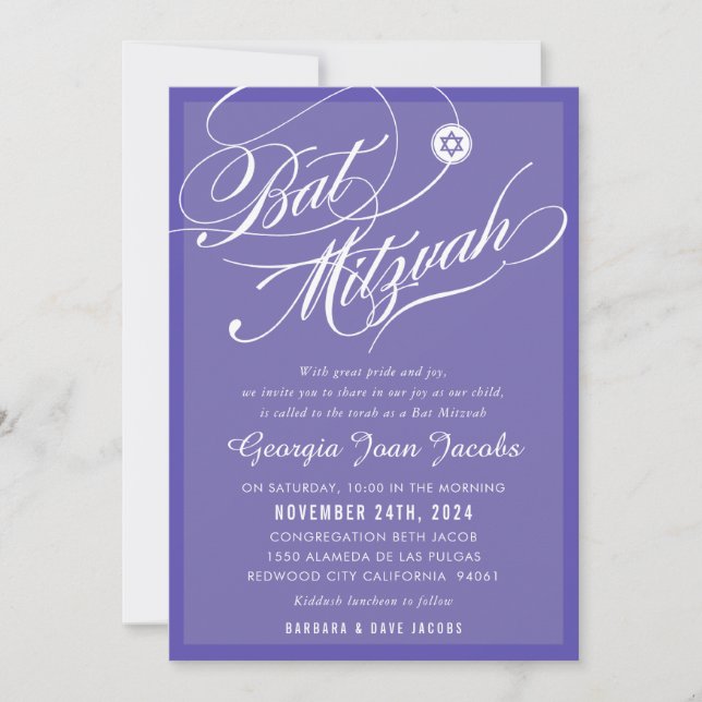 Invitation BAT MITZVAH moderne élégant script lavande violet (Devant)