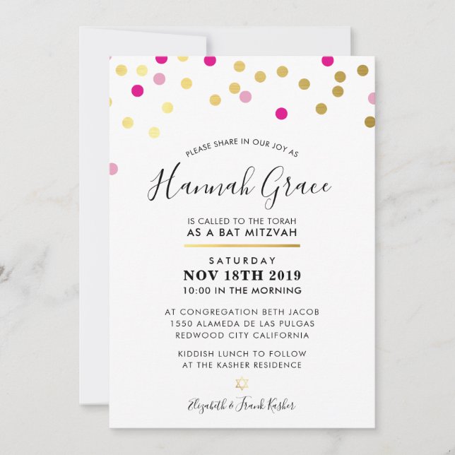 Invitation BAT MITZVAH moderne et amusant confetti taches or  (Devant)