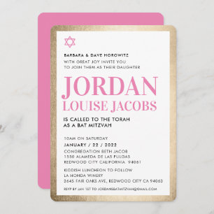 Invitation BAT MITZVAH moderne étoile or noir rose simple 