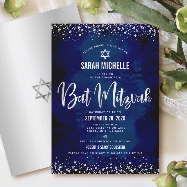 Invitation Bat mitzvah Moderne Marine Argent Parties scintill (Créateur téléchargé)