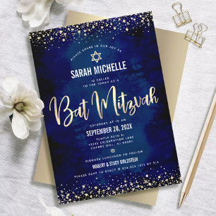 Invitation Bat Mitzvah Moderne Marine Doré Paillettes Feuille