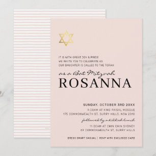Invitation Bat mitzvah moderne OR STAR rose pâle minimal