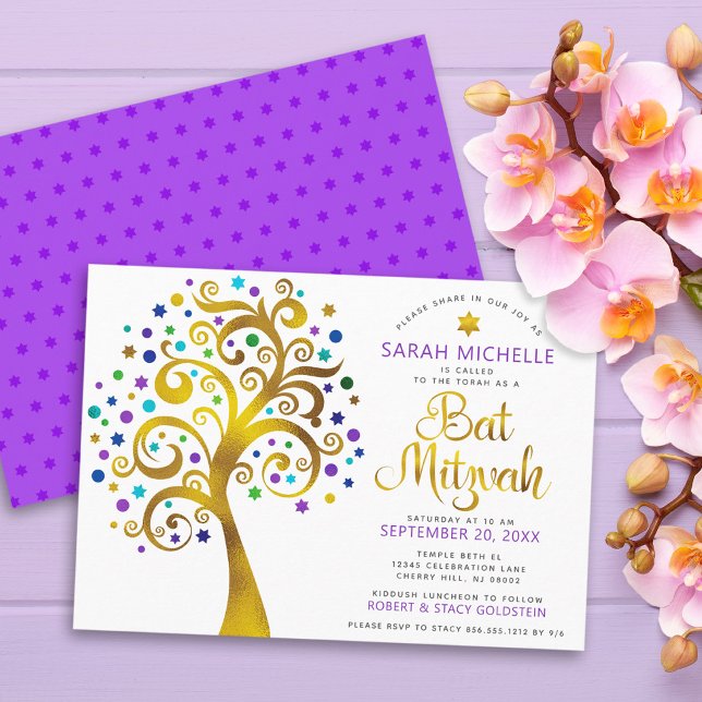 Invitation Bat mitzvah Moderne Purple Gold Foil Arbre de vie (Créateur téléchargé)